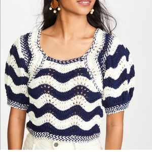 Adorable cropped knit pullover top with playful wavy knit stripes & puff sleeves